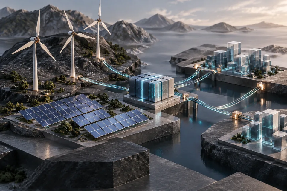 Conceptual illustration of electricity generation, storage and connected data.